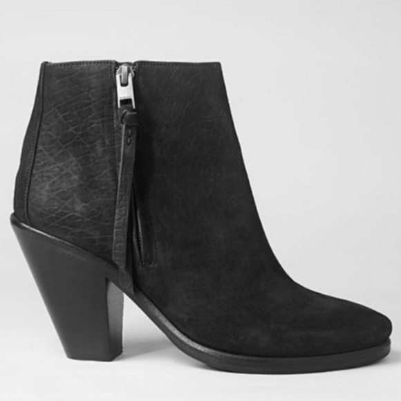 All Saints Black Embossed Leather Jonas Strap Booties Ankle Boots Heels Size 9 - Picture 1 of 13